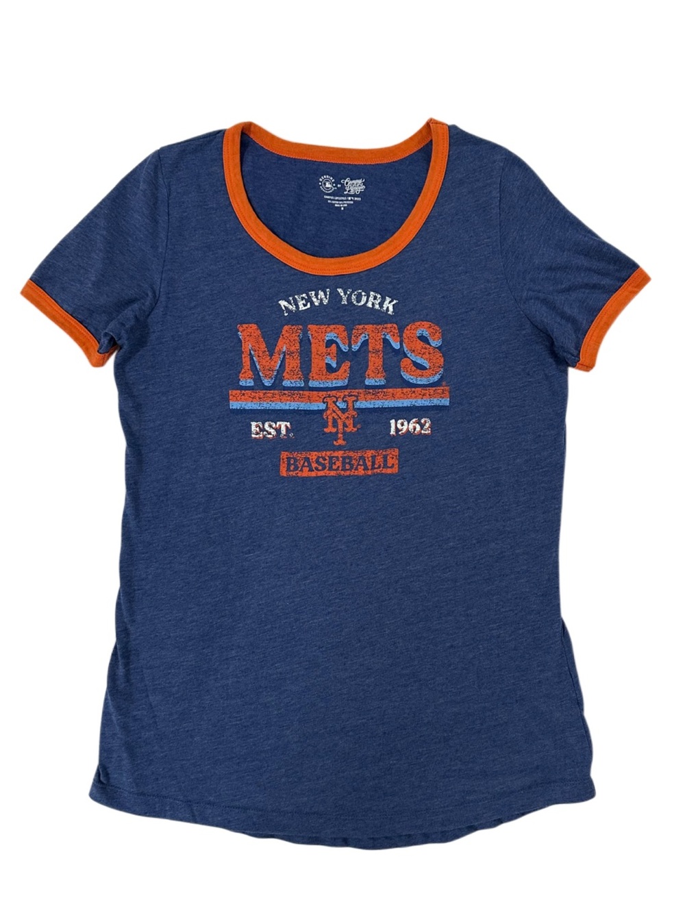 New York Mets Ringer Tee MLB Baseball Graphic Blue Orange Size M